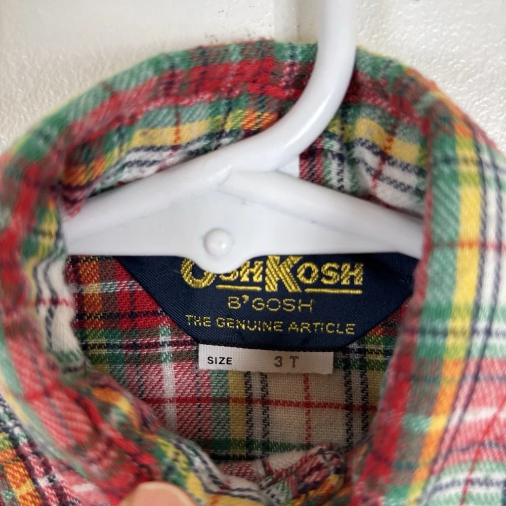 Vintage 90s OshKosh Boys Red Plaid Flannel‎ Shirt Size 3T Made In USA Blue Tag